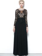 Romwe Black Round Neck Long Sleeve Contrast Gauze Lace Dress