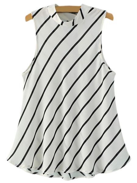 Romwe White Sleeveless Stand Collar Oblique Stripe Blouse
