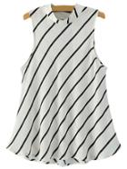 Romwe White Sleeveless Stand Collar Oblique Stripe Blouse