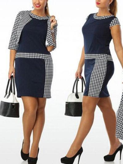 Romwe Navy Blue Plaid Embellishment Dress With Crop Coat