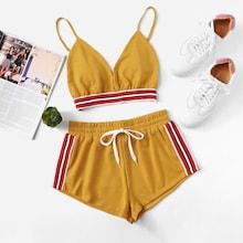Romwe Striped Tape Panel Cami With Drawstring Waist Shorts