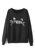 Romwe Cat Face Print Black Sweatshirt