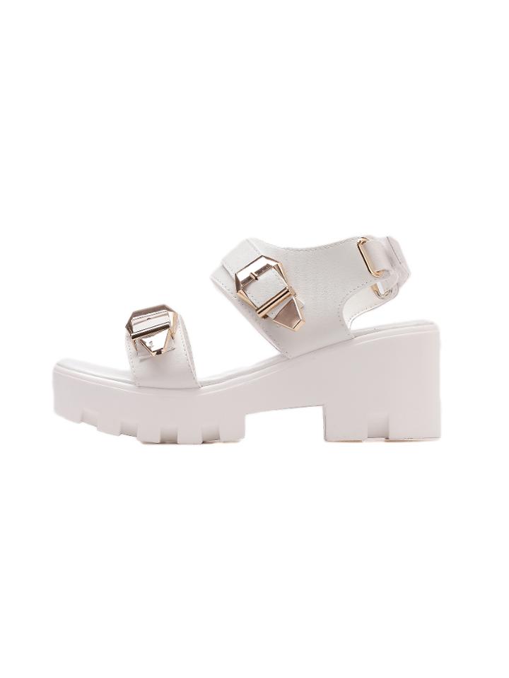 Romwe Strappy Buckled Chunky Platform White Sandals