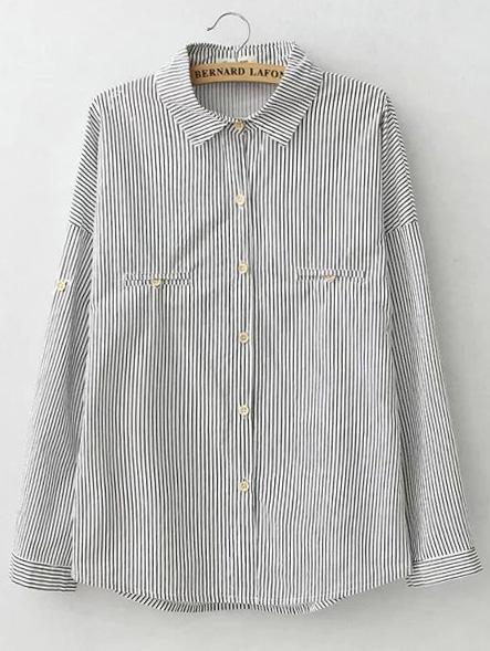 Romwe Lapel Vertical Striped Pockets Black Blouse