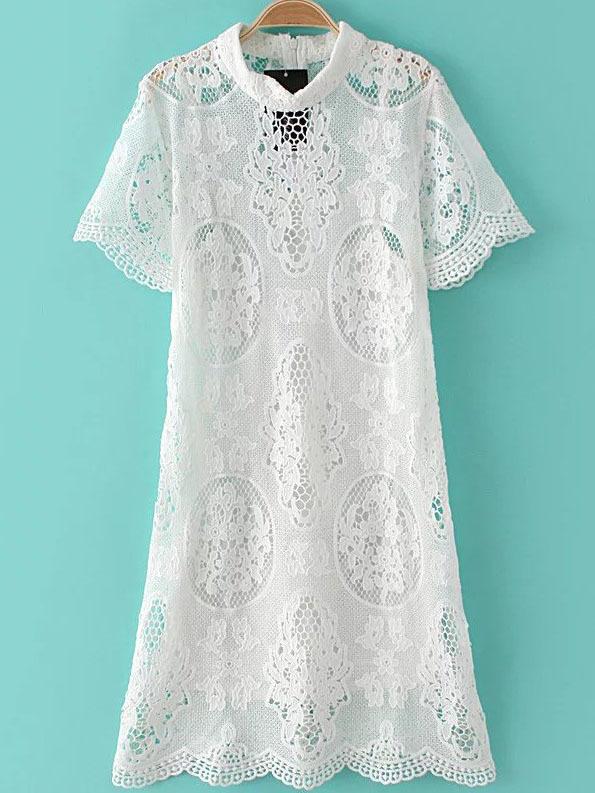 Romwe White Mock Neck Zipper Back Hollow Lace Dress