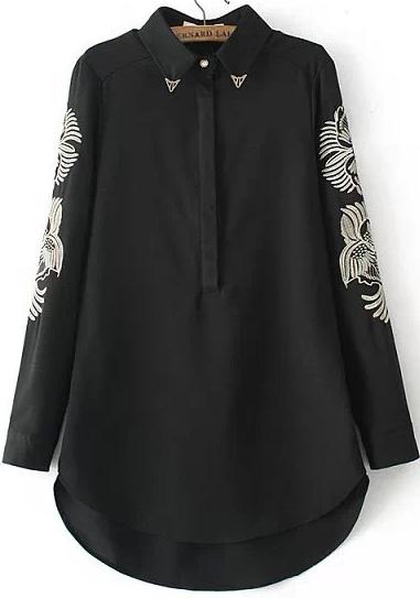 Romwe Black Lapel Embroidered Dip Hem Loose Blouse