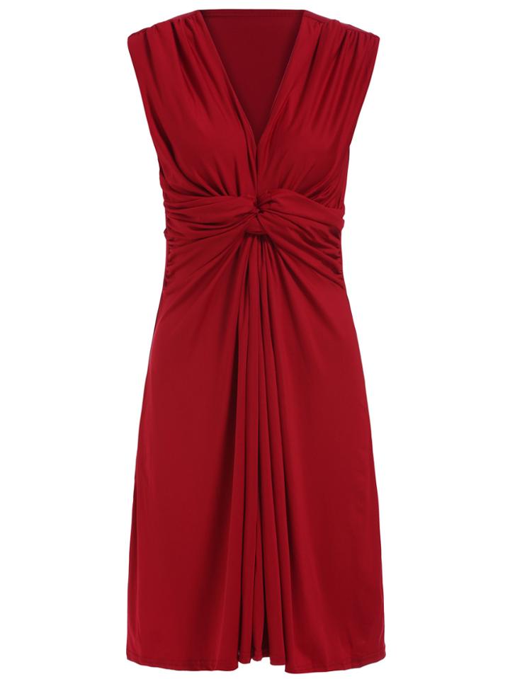 Romwe V Neck Knotted Pleated Dress