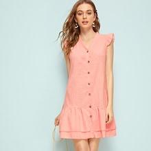 Romwe Button Front Tiered Layer Ruffle Hem Shirt Dress
