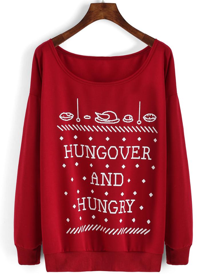 Romwe Scoop Neck Letter Print Red Sweatshirt