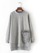 Romwe Contrast Faux Fur Pocket Longline Sweatshirt
