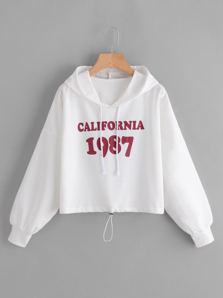 Romwe Drop Shoulder Number Print Drawstring Hem Hoodie