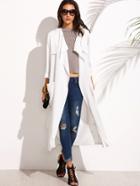 Romwe White Lapel Tie Waist Pocket Long Outerwear