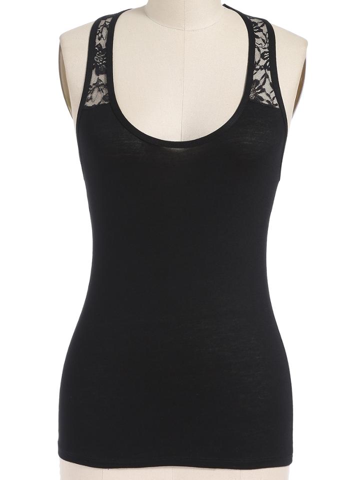 Romwe Lace Paneled Black Tank Top