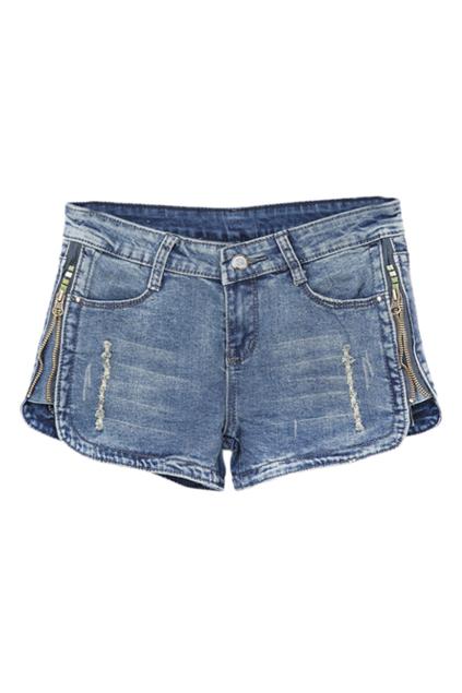 Romwe Romwe Zippered Distressed Blue Denim Shorts