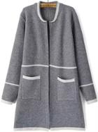 Romwe Striped Trim Pockets Grey Coat