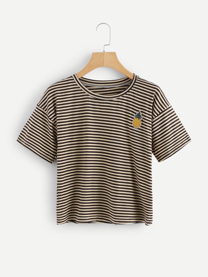 Romwe Pineapple Embroidered Patch Striped Tee