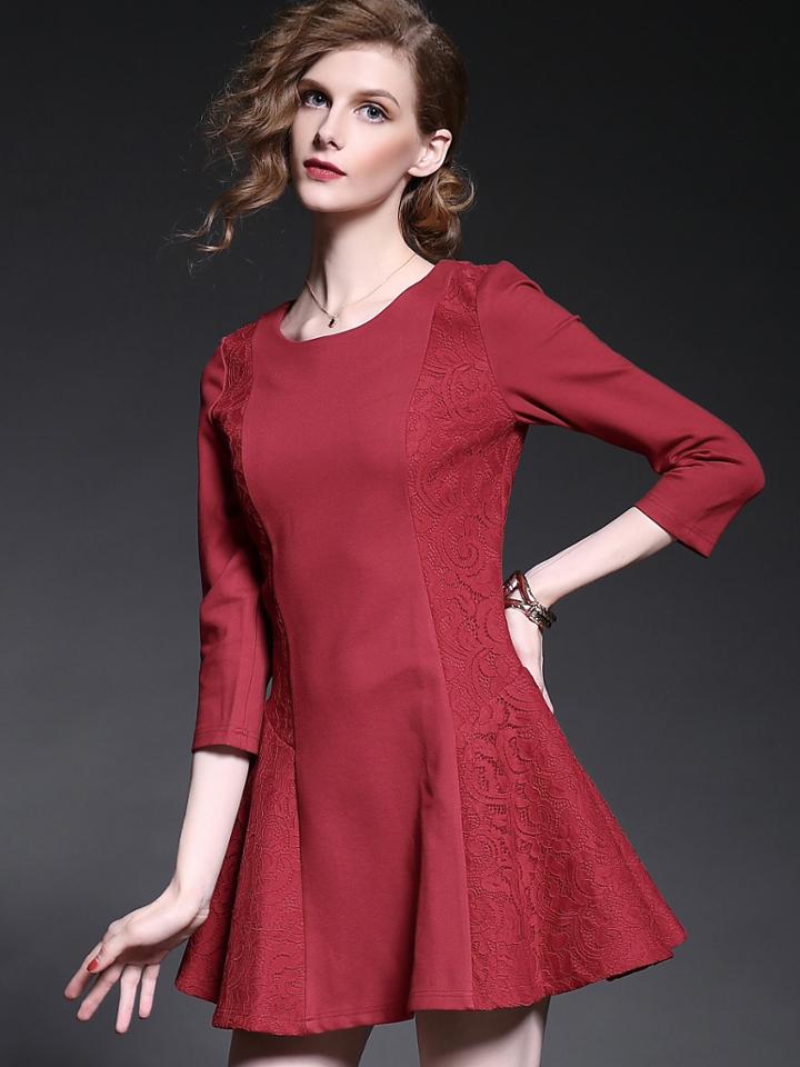 Romwe Red Round Neck Length Sleeve Contrast Lace Dress