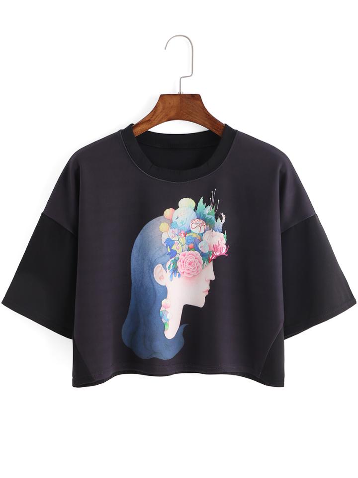Romwe Beauty Print Crop Black T-shirt
