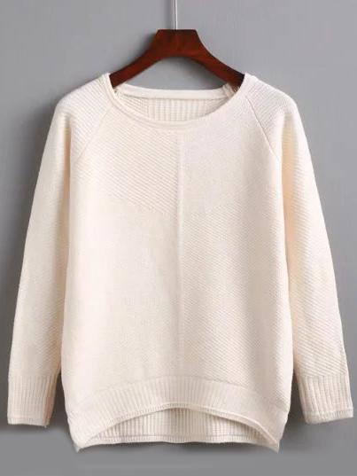 Romwe Beige Raglan Sleeve Dip Hem Split Sweater