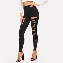 Romwe Ripped Solid Leggings
