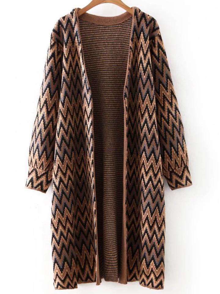 Romwe Brown Long Sleeve Chervon Print Cardigan