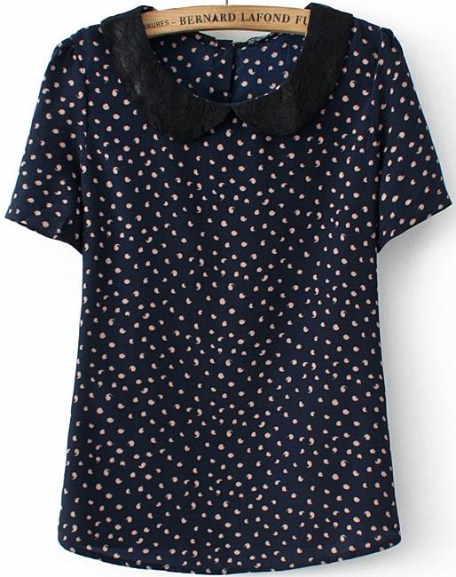 Romwe Lace Collar Comma Print Black T-shirt