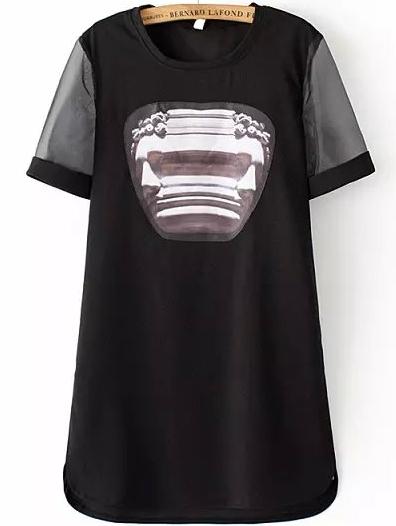 Romwe With Organza Abstract Print Shift Black Dress