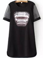 Romwe With Organza Abstract Print Shift Black Dress
