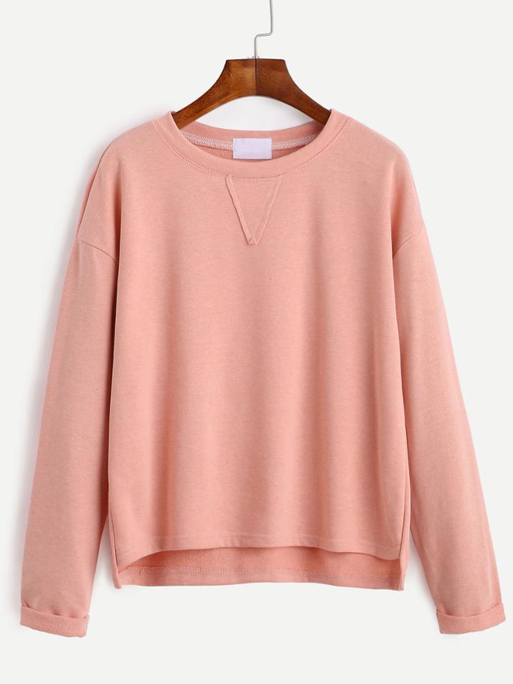 Romwe Pink Drop Shoulder High Low Cuffed T-shirt