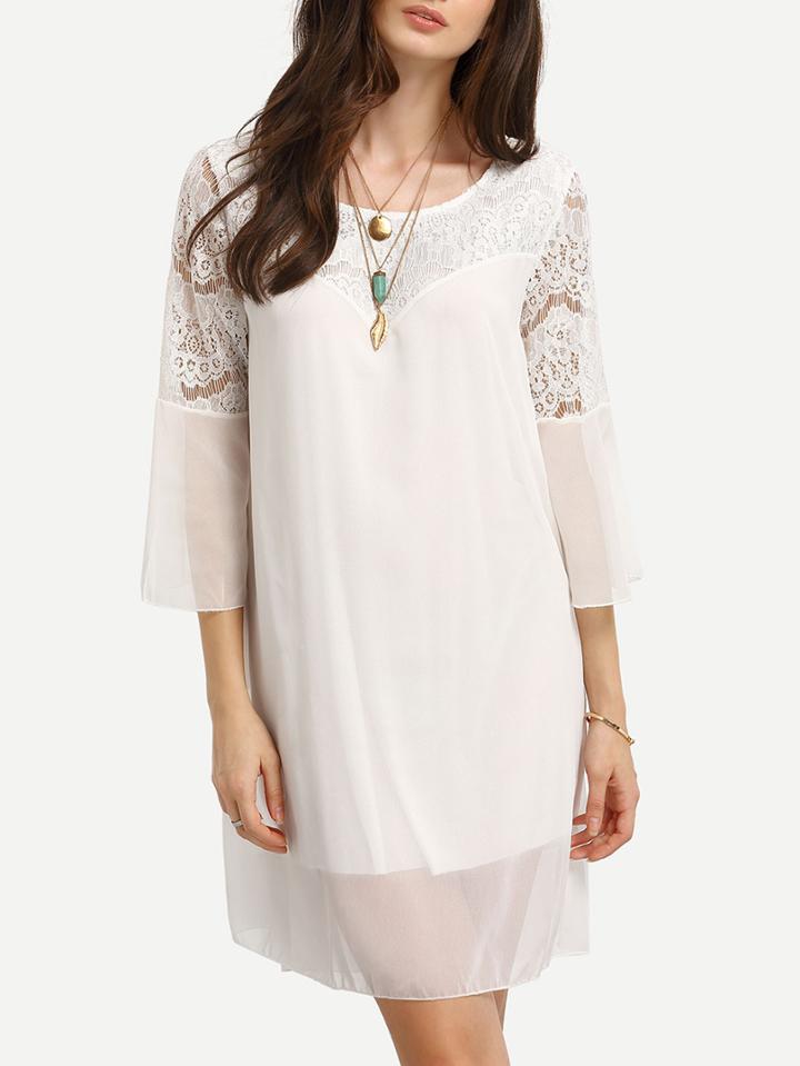 Romwe Lace Insert Bell Sleeve Swing Chiffon Dress - White