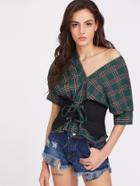 Romwe V Neckline Tartan Corset Belt Detail Top