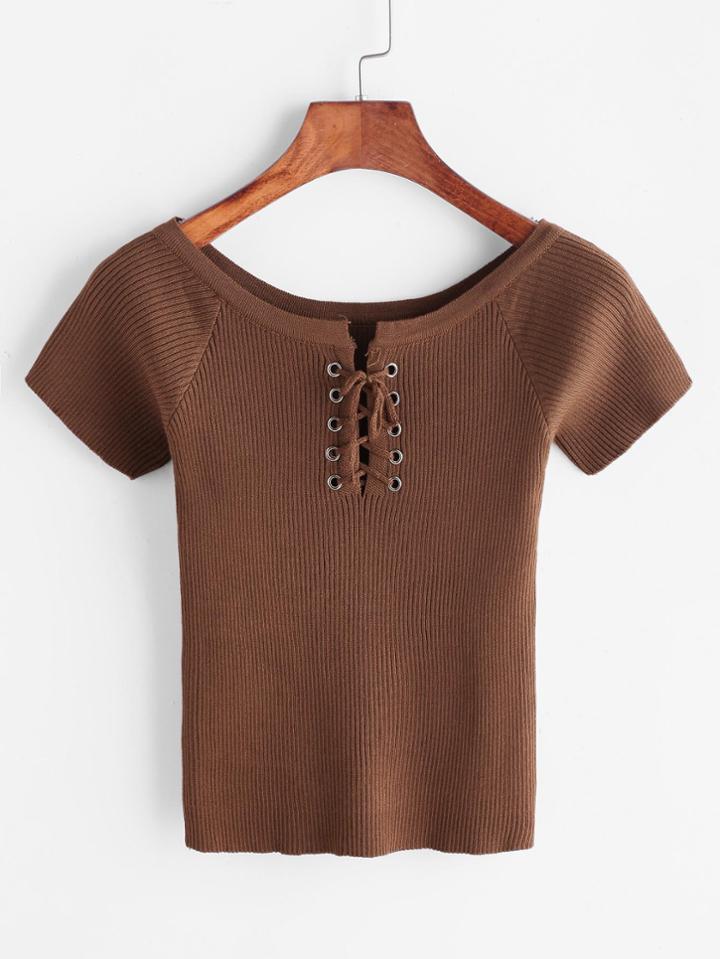Romwe Brown Lace Up Front Ribbed Knitted Crop T-shirt