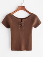 Romwe Brown Lace Up Front Ribbed Knitted Crop T-shirt