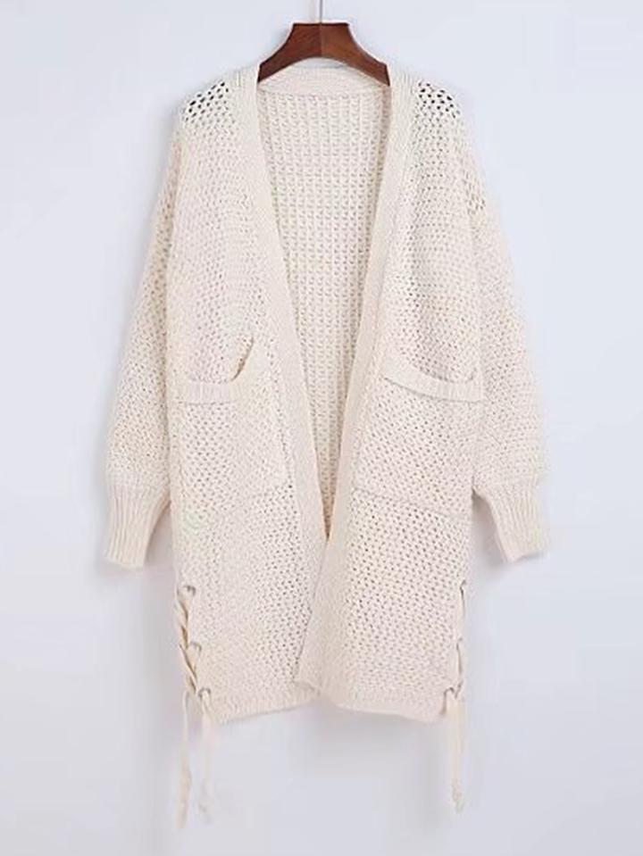 Romwe Lace Up Side Longline Cardigan