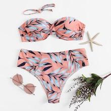Romwe Random Leaf Print Ruched Twist Bandeau Bikini