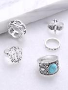 Romwe Turquoise Gemstone Detail Hollow Out Ring Set