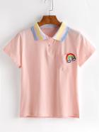 Romwe Pink Contrast Collar Rainbow Patch T-shirt