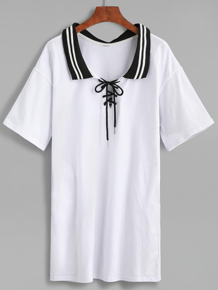 Romwe White Drop Shoulder Lace Up Polo Tee Dress