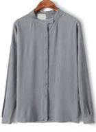 Romwe Grey Stand Collar Buttons Slim Blouse