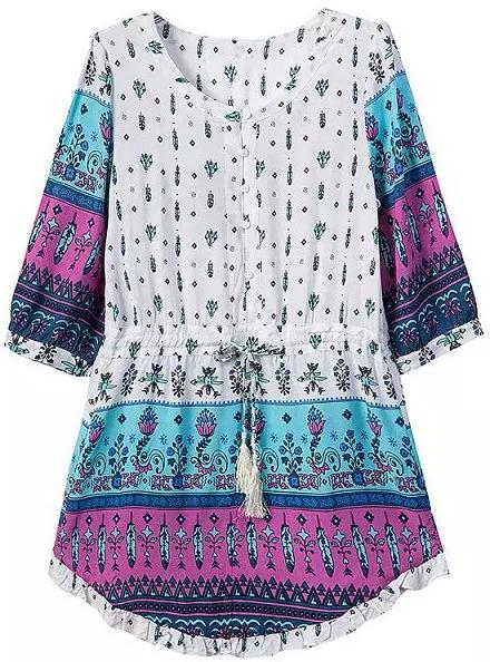 Romwe Round Neck Drawstring European Style Print Blue Dress