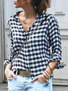 Romwe Long Sleeve Black And White Plaid Blouse