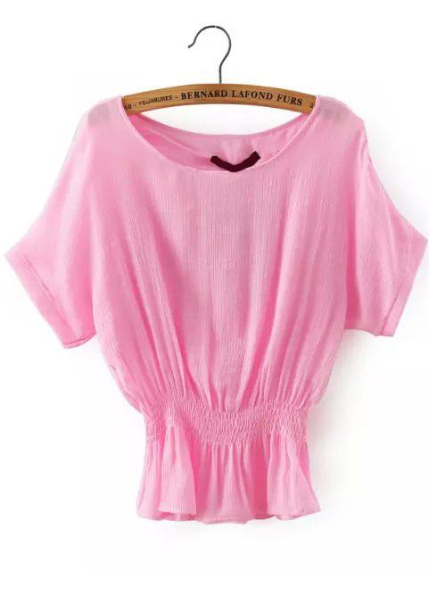 Romwe Peplum Hem Short Sleeve Pink Top