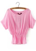 Romwe Peplum Hem Short Sleeve Pink Top