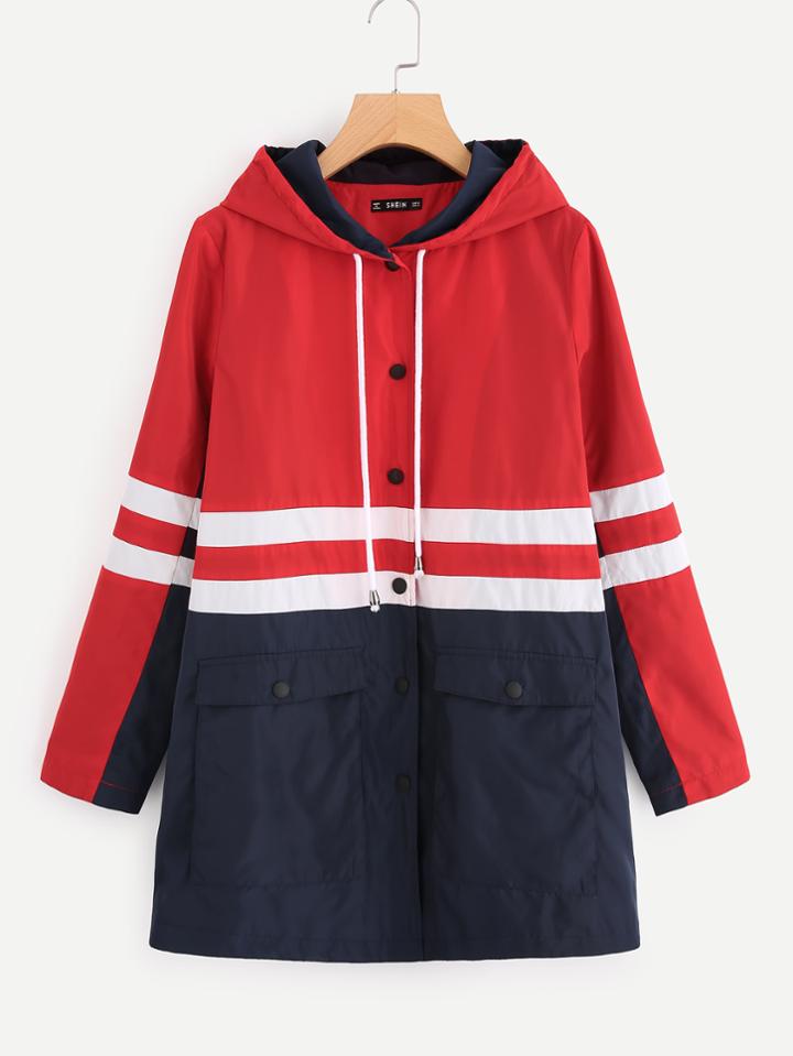 Romwe Pocket Front Cut And Sew Hooded Coat