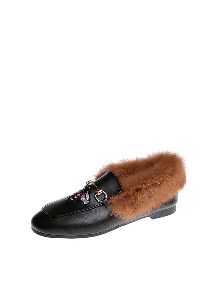 Romwe Bee Embroidered Pu Flats With Faux Fur