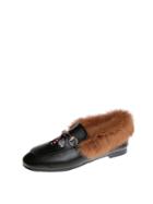 Romwe Bee Embroidered Pu Flats With Faux Fur