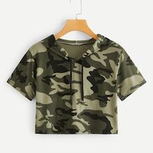 Romwe Camo Print Drawstring Hooded Tee