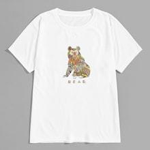 Romwe Guys Bear & Letter Print Tee