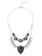 Romwe Antique Silver Double Chain Carved Turquoise Statement Necklace