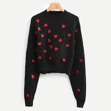 Romwe Heart Embroidered Batwing Sleeve Jumper